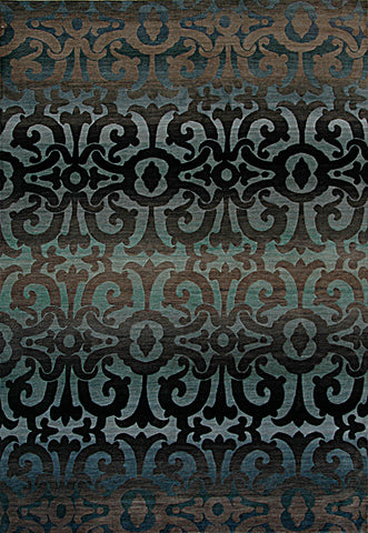 Modern Tibetan Wool Area Rug with cool tone gradations and geometric patterns