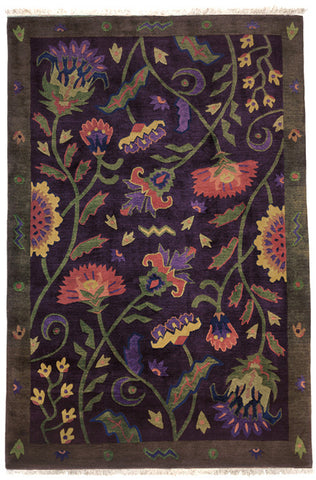Hatfield Tapestry - Handmade contemporary oriental rug with flowers on a deep eggplant filed of warm scrumptious colors