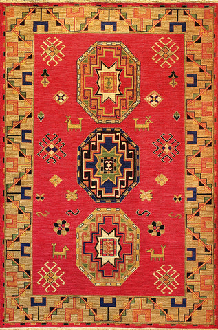 Caucasus is a soumak flat weave area rug with a traditional kazak design with animal and pattern shapes
