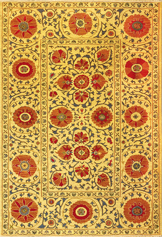 Suzani 2 uzbek suzani gold red - traditional carpet patterned with beautifully varying flower shapes in warm ochers and reds