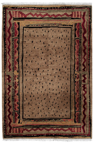 Angola mocha - Tibetan handmade area rug with dots and lines, both rustic and contemporary
