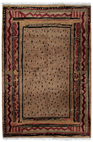 Angola mocha - Tibetan handmade area rug with dots and lines, both rustic and contemporary
