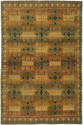 Inca gold - contemporary geometric design area rug with warm colors offset by greens, handmade with hand-spun tibetan wool. 