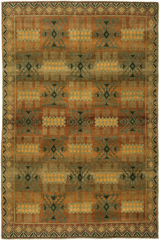 Inca gold - contemporary geometric design area rug with warm colors offset by greens, handmade with hand-spun tibetan wool.