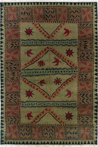 Sundial sage - modern contemporary lodge style area rug wonderful squiggly shapes with suns and birds