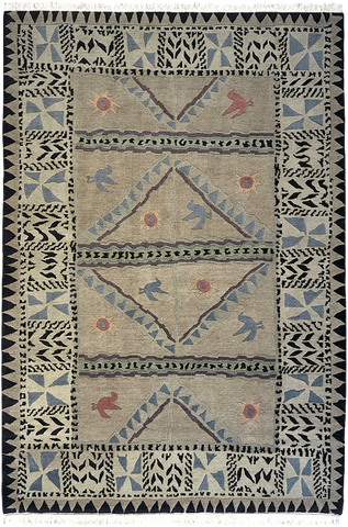 Sundial khaki - modern southwest lodge style area rug with pale cool colors and animal and sun shapes