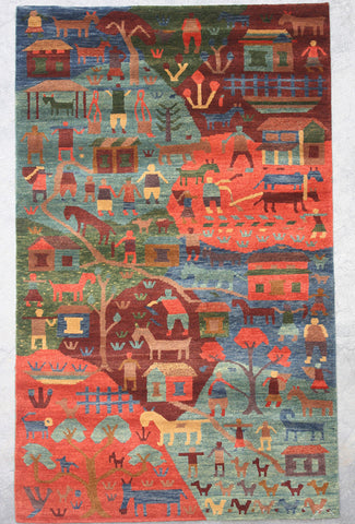 Natural-Dye Tibetan Wool Area Rug Village Animal Scene