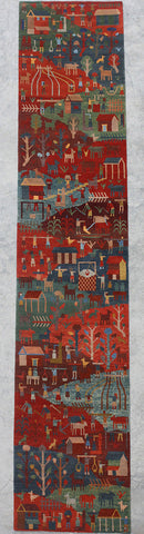 Natural-Dye Tibetan Wool Area Rug Village Animal Scene Runner