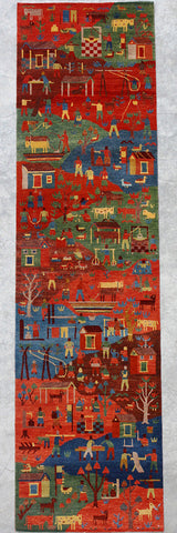 Natural-Dye Tibetan Wool Area Rug Runner Village Animal Scene
