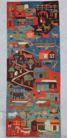 Natural-Dye Tibetan Wool Area Rug Village Animal Scene