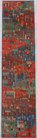 Natural-Dye Tibetan Wool Area Rug Village Animal Scene Runner