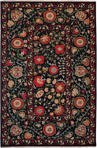 Handmade Suzani Soumak Rug Black Night Garden