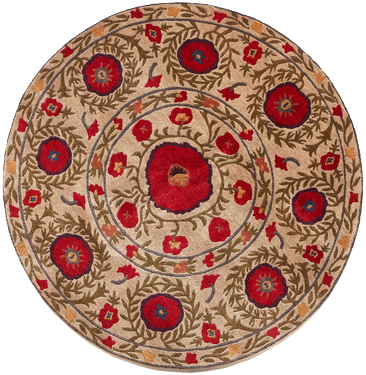 Field of Poppies beige round - a modern area rug with winding green stems and leaves dotted with flowers of varying sizes