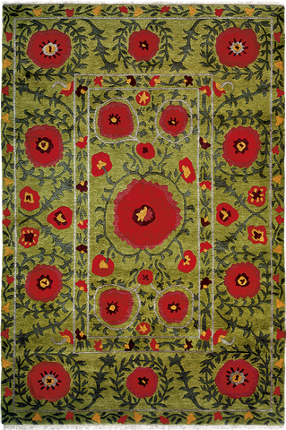 Field of Poppies green - a contemporary southwest style oriental area rug with colorful flowers on a green color field