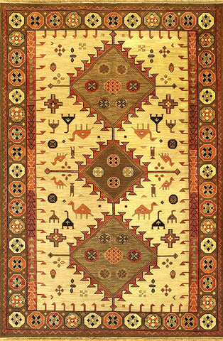 Kazak 1 - gabbeh wheat green - Soumak flatweave rug with unique tribal designs of animals and geometric shapes both contemporary and traditional