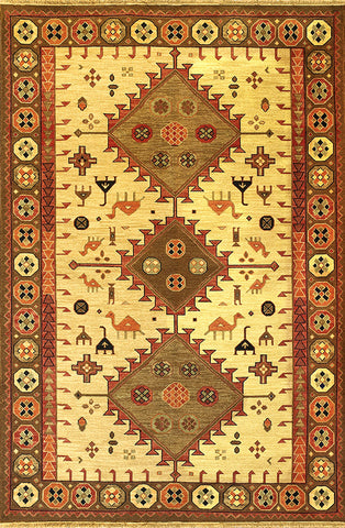 Kazak 1 - gabbeh wheat green - Soumak flatweave rug with unique tribal designs of animals and geometric shapes both contemporary and traditional