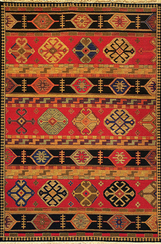 Kazak 2 shirvan red - oriental rug with similar repeating shapes varied with vibrant colors and subtle variation