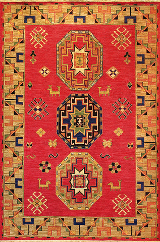 Caucasus is a soumak flat weave area rug with a traditional kazak design with animal and pattern shapes