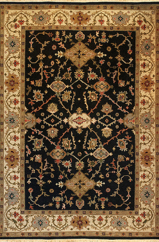 Kazak 9 mahal black beige - an ornately patterned traditional soumak area rug suitable for many settings