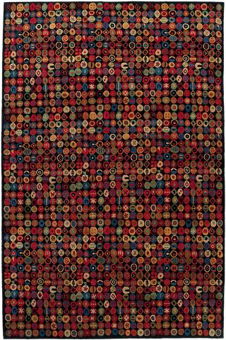 Plush contemporary Tibetan area rug with colorful repeating circular patterns on a black background.