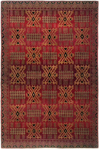 Inca red- Tibetan rug, hand-knotted with dense wool. Repeating geometric patterns over red gradations provides a native american feel