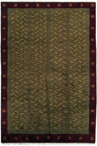 Kelp - modern tibetan wool carpet, thick and plush. green kelp field design surrounded by rich maroon border dotted for accent