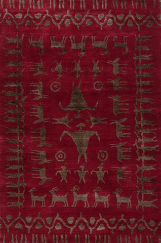 Rock Art - handmade rug with primitive cave painting designs of animals people and patterns on a red background.
