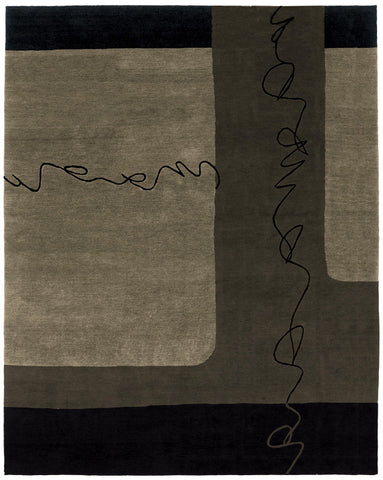 Silk road taupe - handmade Tibetan area rug with very modern design with large shapes loose lines like handwriting