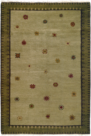 Tibetan Sun (sage) - plush modern oriental carpet with a pale green field dotted with small fun patterns and a darker patterned border